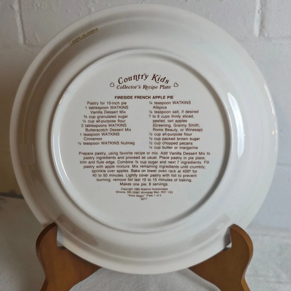 Vintage 1989 Watkins Country Kids Snow Magic Ceramic Pie Plate Recipe Backside